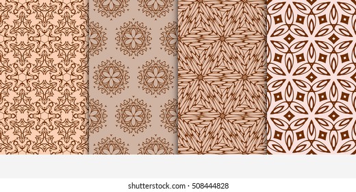 set of 4 floral seamless pattern. abstract geometry shape and lines. vector illustration. Ethnic ornament. For design, wallpaper, background fills, fill, card, banner, flyer. Beige color