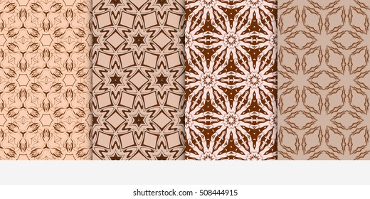 set of 4 floral seamless pattern. abstract geometry shape and lines. vector illustration. Ethnic ornament. For design, wallpaper, background fills, fill, card, banner, flyer. Beige color