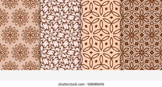 set of 4 floral seamless pattern. abstract geometry shape and lines. vector illustration. Ethnic ornament. For design, wallpaper, background fills, fill, card, banner, flyer. Beige color