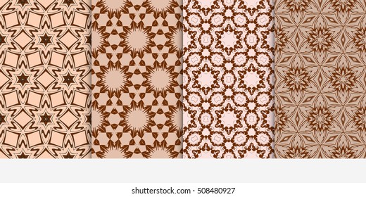 set of 4 floral seamless pattern. abstract geometry shape and lines. vector illustration. Ethnic ornament. For design, wallpaper, background fills, fill, card, banner, flyer. Beige color