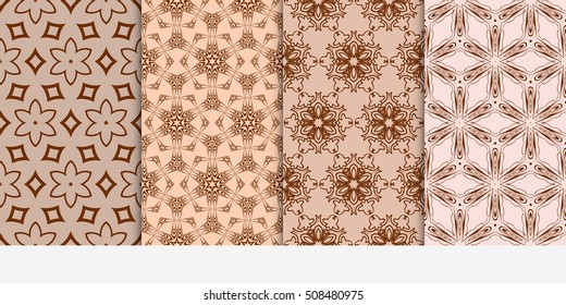 set of 4 floral seamless pattern. abstract geometry shape and lines. vector illustration. Ethnic ornament. For design, wallpaper, background fills, fill, card, banner, flyer. Beige color