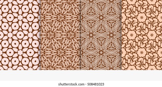 set of 4 floral seamless pattern. abstract geometry shape and lines. vector illustration. Ethnic ornament. For design, wallpaper, background fills, fill, card, banner, flyer. Beige color