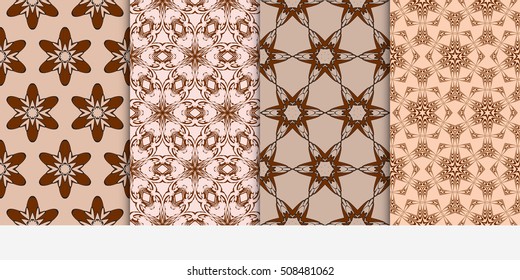 set of 4 floral seamless pattern. abstract geometry shape and lines. vector illustration. Ethnic ornament. For design, wallpaper, background fills, fill, card, banner, flyer. Beige color