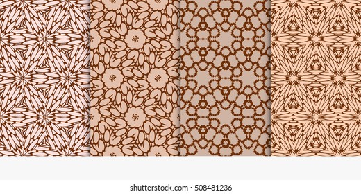 set of 4 floral seamless pattern. abstract geometry shape and lines. vector illustration. Ethnic ornament. For design, wallpaper, background fills, fill, card, banner, flyer. Beige color