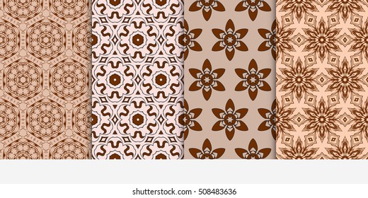 set of 4 floral seamless pattern. abstract geometry shape and lines. vector illustration. Ethnic ornament. For design, wallpaper, background fills, fill, card, banner, flyer. Beige color