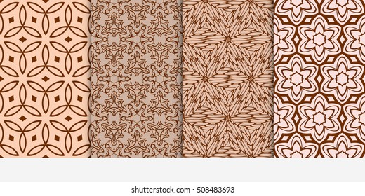 set of 4 floral seamless pattern. abstract geometry shape and lines. vector illustration. Ethnic ornament. For design, wallpaper, background fills, fill, card, banner, flyer. Beige color