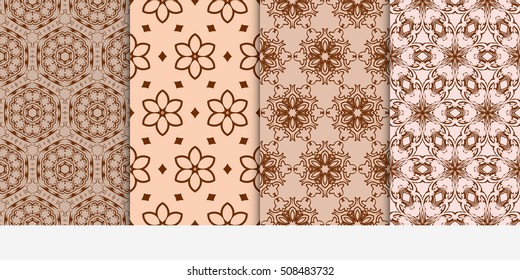 set of 4 floral seamless pattern. abstract geometry shape and lines. vector illustration. Ethnic ornament. For design, wallpaper, background fills, fill, card, banner, flyer. Beige color