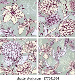 Set of 4 Floral Seamless Patterns with hand drawn flowers - tiger lilly, orchid, gardenia and peony. 