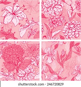 Set of 4 Floral Seamless Patterns in pink colors with handdrawn flowers - tiger lilly, orchid, gardenia and peony. 