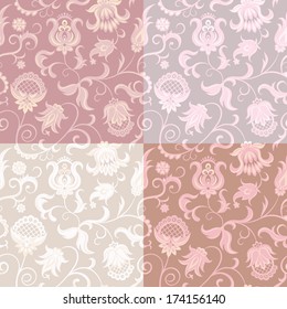 Set of 4 floral seamless vector patterns. Beautiful ethnic ornament. Wedding backgrounds.