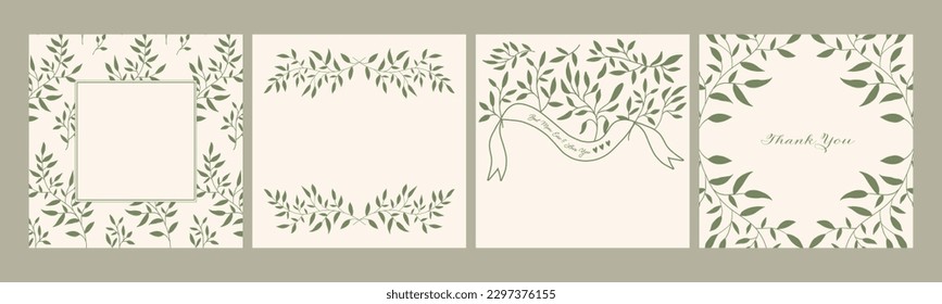 Set of 4 flower and leaf frame background illustration. Botanical wreath, border design. Social media template.