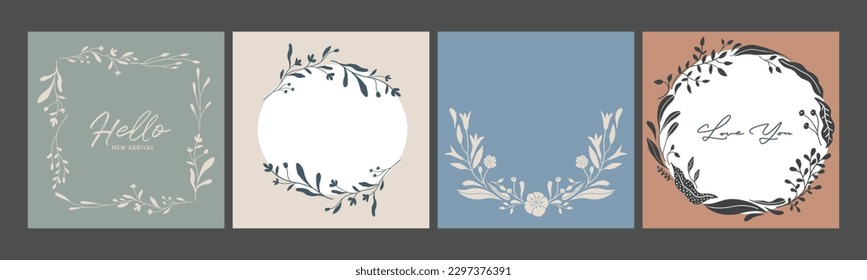 Set of 4 flower and leaf frame background illustration. Botanical wreath, border design. Social media template.