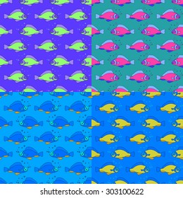 Set of 4 fluorescent fish seamless pattern