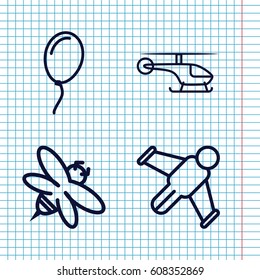 Set of 4 fly outline icons such as bee, balloon, helicopter