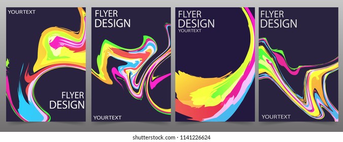 Set of 4  flyer template or corporate banner design with colorful waves on a dark background. Can be use for publishing, print and presentation. Vector. Eps 10