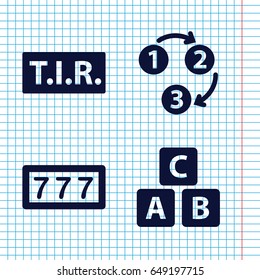 Set of 4 font filled icons such as abc cube, 7 number, tir