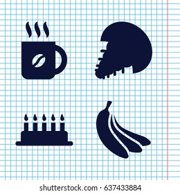 Set of 4 food filled icons such as coffee, banana, extinct sea creature