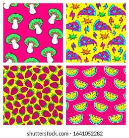 Set of 4 food seamless patterns. Pop art style backgrounds: ripe strawberries, watermelons, pizza slices, mushrooms. Vector wallpapers.	