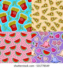 Set of 4 food seamless patterns with patch badges. Star-shaped lollipops, cherries, ice cream popsicles, french fries in boxes with "Fries before guys" text, pizza slices, watermelons. 80s-90s style.