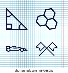 Set of 4 formula outline icons such as sport car, triangle, crossed flags