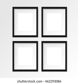 Set of 4 four Black vertical photo frame on gray wall with realistic shadows. Vector illustration. 2 rows and 2 columns