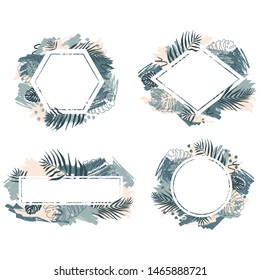 Set of 4 frames in abstract design with spots of paint and tropical monstera leaves and dypsis in beige and blue colors