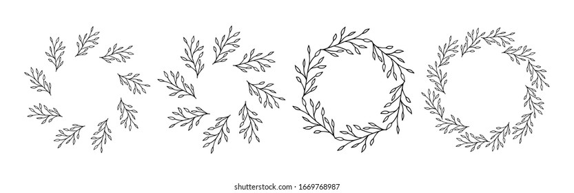 Set of 4 frames with floral elements. Rustic. Hand drawn simple line. Black stroke. Isolated on white background. Elegant and noble. Best for wedding design. Invitation.Copy space. vector illustration