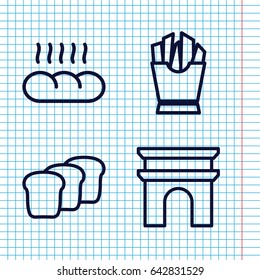 Set of 4 french outline icons such as arc de triomphe, french fries
