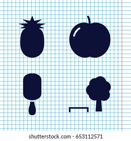 Set of 4 fresh filled icons such as apple, ice cream on stick, pineapple