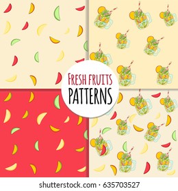 Set of 4 fruit and lemonade seamless patterns on beige and pink background. Summertime, cocktails, fresh fruits, ice, mint. 