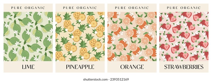 Conjunto de 4 carteles de frutas. Elementos abstractos de frutas. Composición alimentaria y saludable. Moderno estilo minimalista. Afiches retro con frutas. Patrón de fruta dibujada a mano. Ilustración del vector