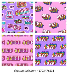 Conjunto de 4 divertidas y coloridas estampas impecables con parches con las palabras "¡Lo que sea!", "Amor", "Hey", etc. Ilustraciones modernas y de moda. Quirky estilo cómico de 80-90.
