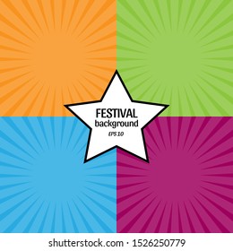 Set of 4 fun festival glowing backgrounds. Green, orange, purple red and light blue vector illustration for posters, cards, banners, flyers, party invitations