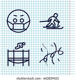 Set of 4 fun outline icons such as trampoline, confetti, skiing