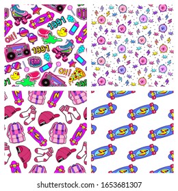 Set Of 4 Fun Seamless Patterns With Colorful Elements From The Nineties. Back To School Style Backgrounds With Patches, Badges, Pins, Stickers In 90s Comic Style: Rollerblades, Socks, Skates, Alarm Cl