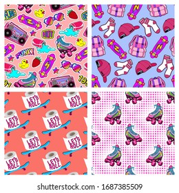 Set Of 4 Fun Seamless Patterns With Kid's School Break Elements. Cool Backgrounds With Patches In 90s Style: Rollerblades, Skateboards, Sunglasses, Backpacks, Alarm Clocks, Etc.	