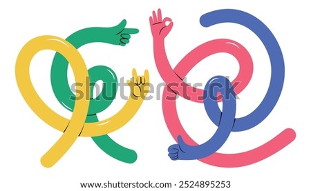 Set with 4 funky long hands with different international hand gestures. Hand drawn isolated vector illustrations