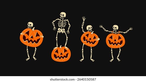 A set of 4 funny artistically illustrated skeletons dancing with jack-o-lanterns. Isolated characters on a black background. A cute and spooky vector illustration for Halloween designs.