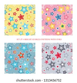 Set of 4 funny bright seamless patterns with stars