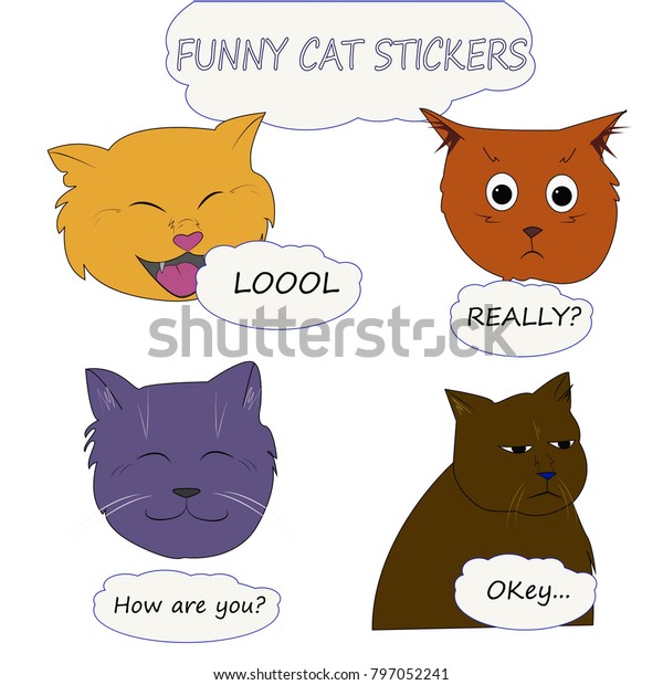 Set of 4 funny cat stickers: surprised, grumpy, sad,laughing cat. 