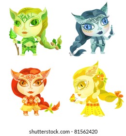 Set of 4 funny girl characters, symbols of elements.