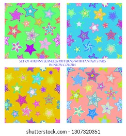Set of 4 funny seamless patterns with fantasy stars in neon colors