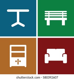 Set of 4 furniture filled icons such as bench, table, cupboard