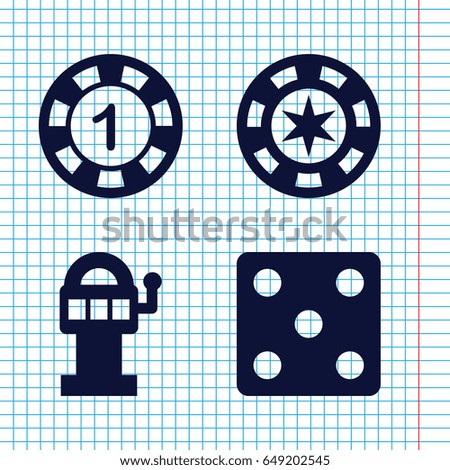 Set of 4 gamble filled icons such as 1 casino chip, dice, slot machine