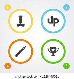 Set of 4 game icons set. Collection of infantry knife, victory, level up and other elements.