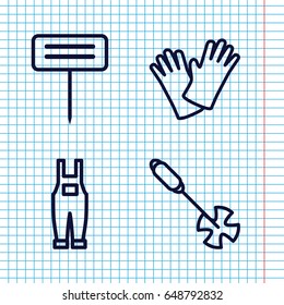 Set of 4 gardener outline icons such as gardening tool, gardener jumpsuit