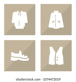 Set of 4 garment icons set. Collection of suit, vest, trainers and other elements.