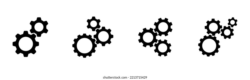 Set of 4 gear mechanism icon, flat glyph style, isolated on white, clipart design template
