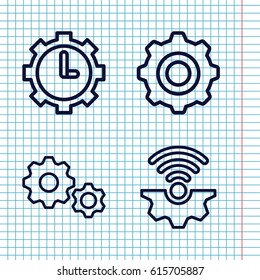 Set of 4 gears outline icons such as clock in gear