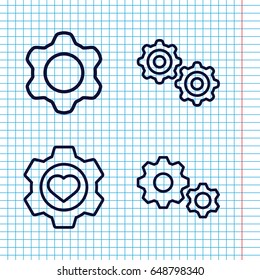 Set of 4 gears outline icons such as heart in gear